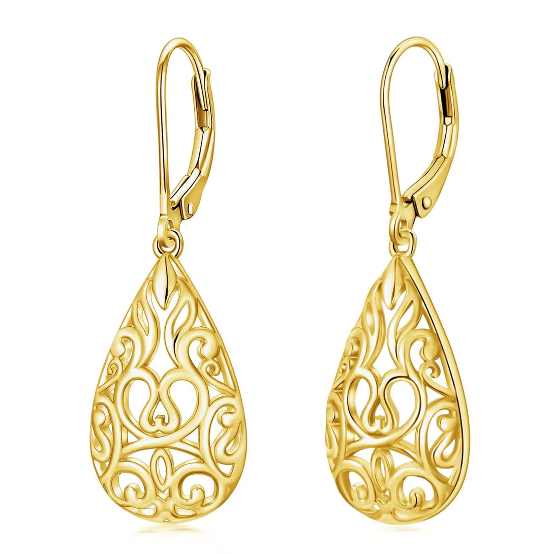 Lovcia 925 Sterling Silver Gold Plated Teardrop Filigree Dangle Drop Leverback Earrings for Women - Elegant Vintage Style Jewellery-Earrings-Gold-Gold