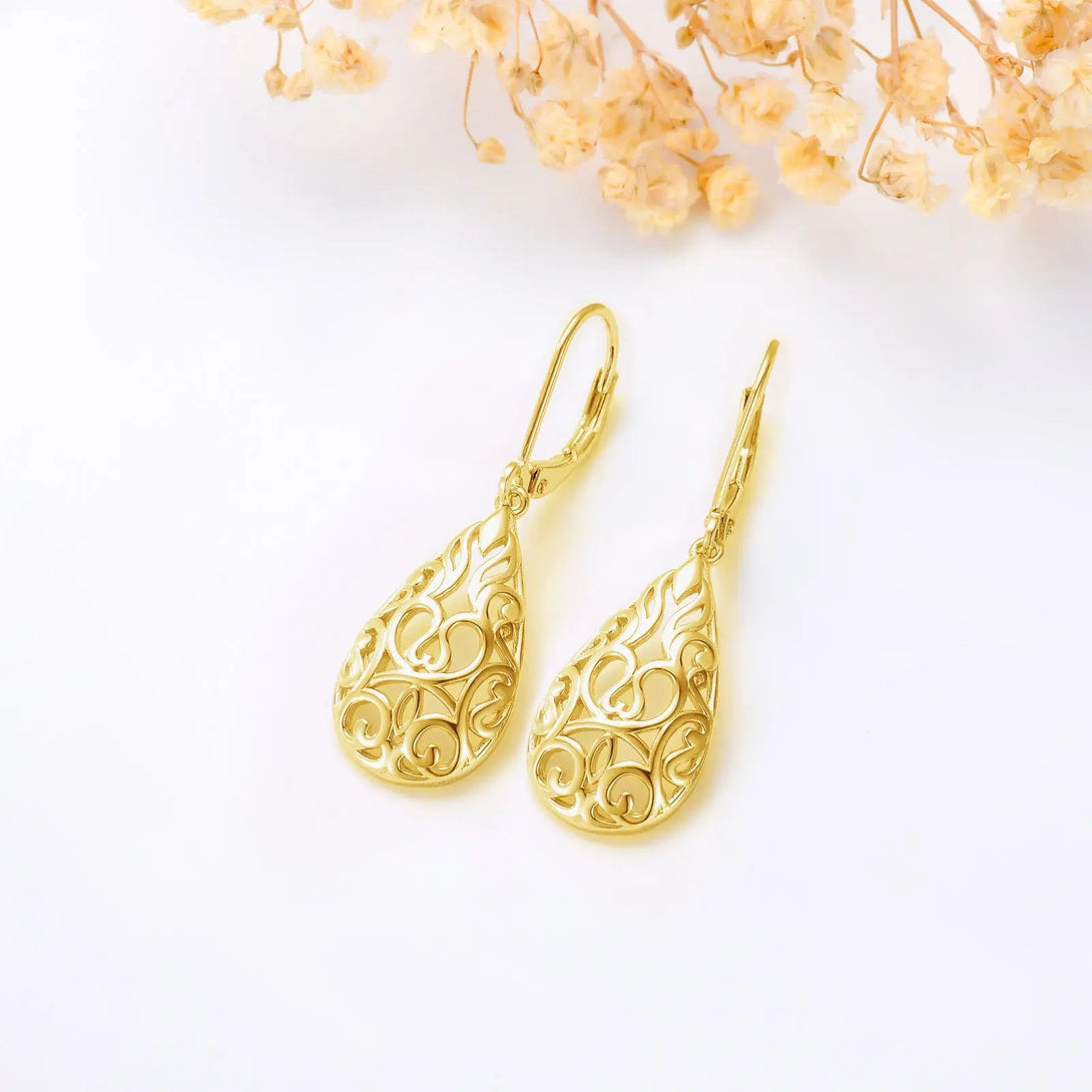 Lovcia 925 Sterling Silver Gold Plated Teardrop Filigree Dangle Drop Leverback Earrings for Women - Elegant Vintage Style Jewellery-Earrings-Gold-Gold