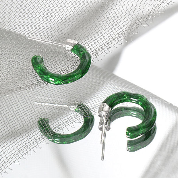 Lovcia 925 Sterling Silver Green C Shape Hoop Earrings-Earrings-Rhodium-