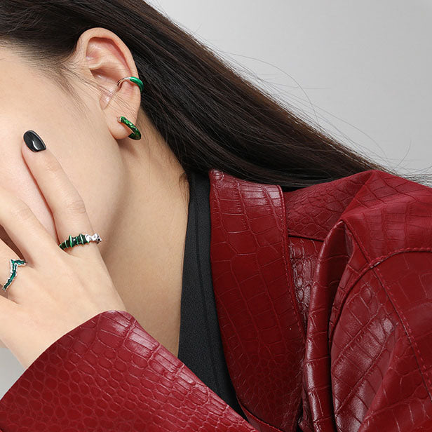 Lovcia 925 Sterling Silver Green C Shape Hoop Earrings-Earrings-Rhodium-