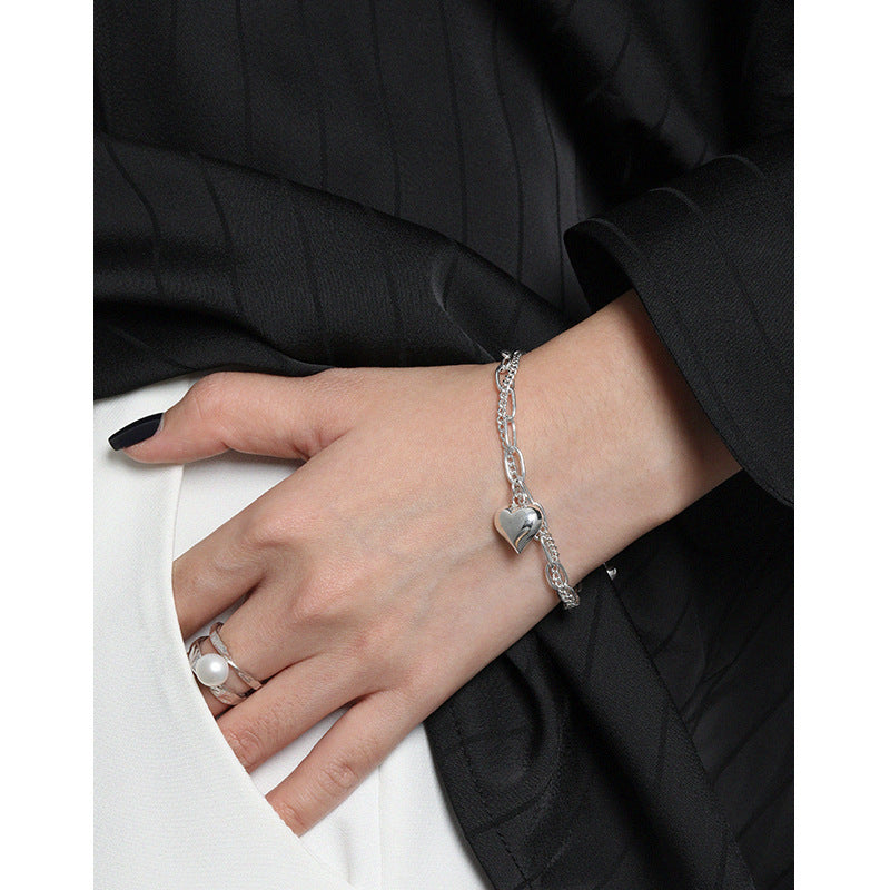Lovcia 925 Sterling Silver Heart Hollow Chain Double Layer-Bracelets-Rhodium-Rhodium