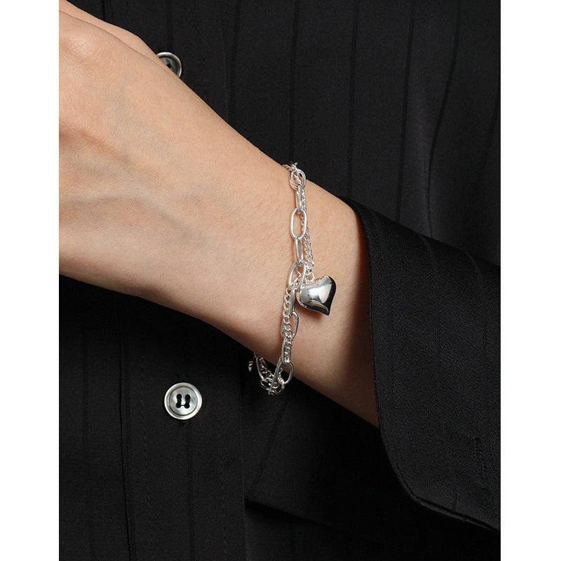 Lovcia 925 Sterling Silver Heart Hollow Chain Double Layer-Bracelets-Rhodium-Rhodium
