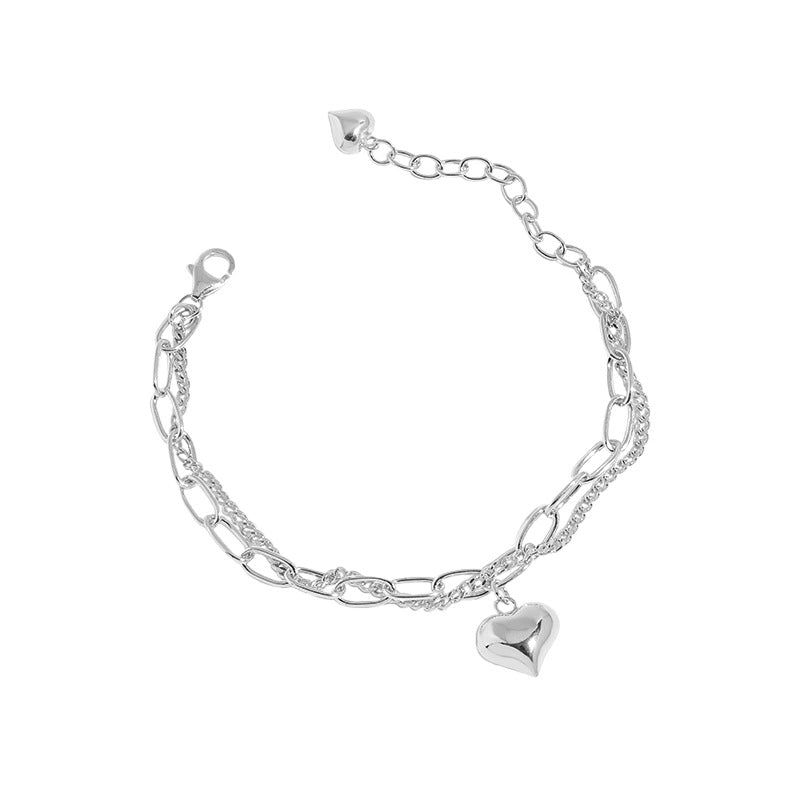 Lovcia 925 Sterling Silver Heart Hollow Chain Double Layer-Bracelets-Rhodium-Rhodium
