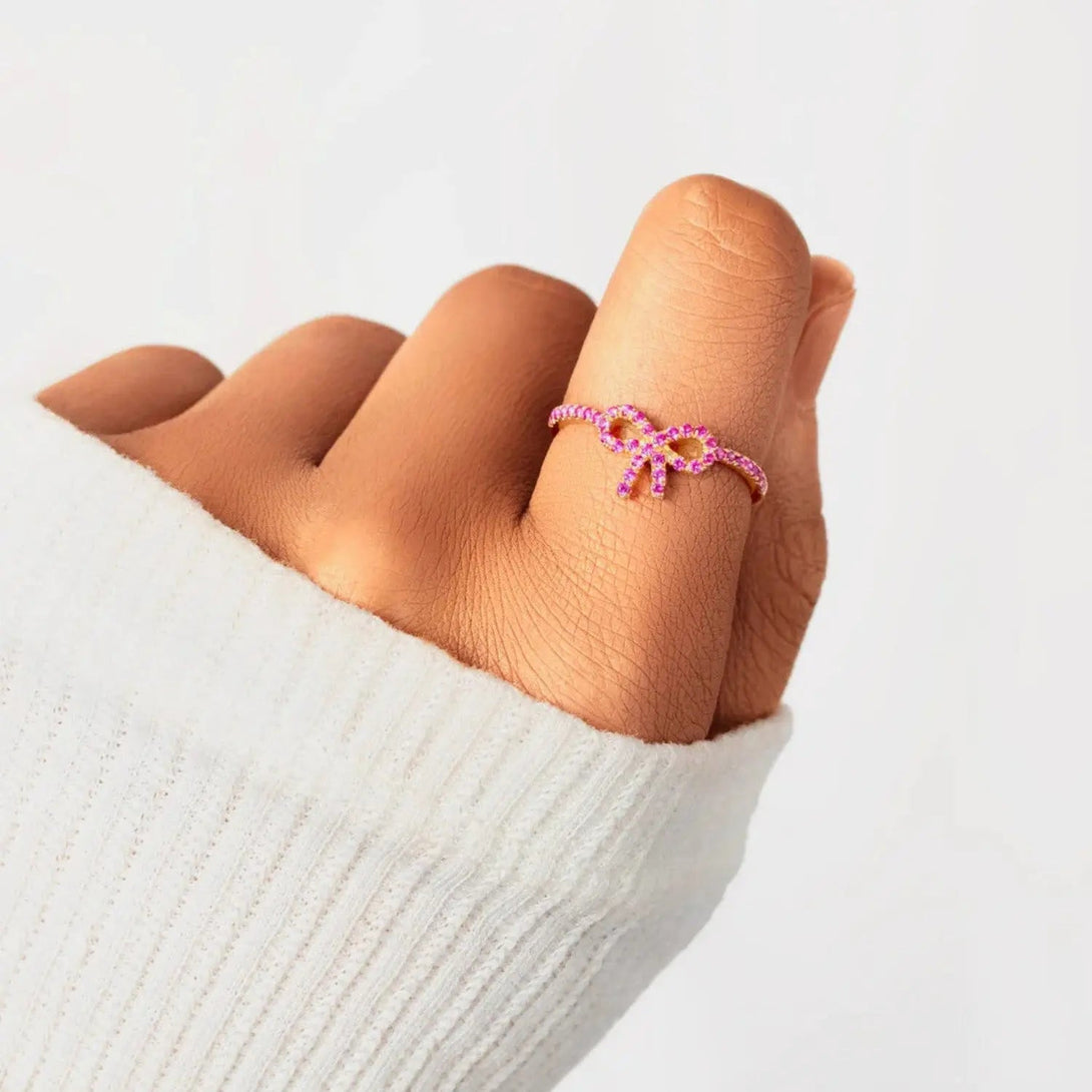 Lovcia 925 Sterling Silver Inlaid Zircon Bow Ring-Rings-Rose Gold-5-Rose Gold