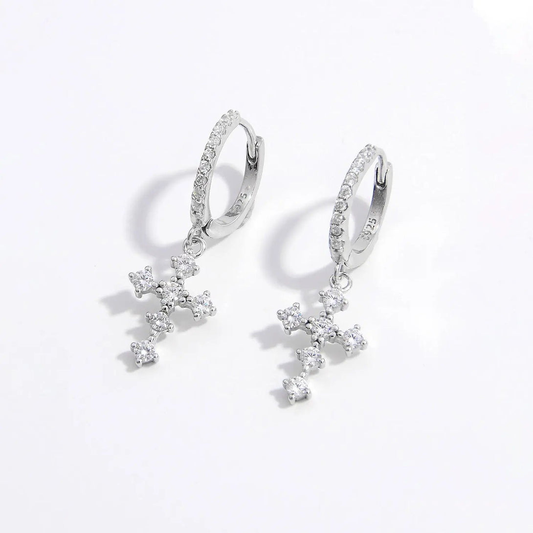 Lovcia 925 Sterling Silver Inlaid Zircon Cross Dangle Earrings-Earrings-Silver-One Size-Silver