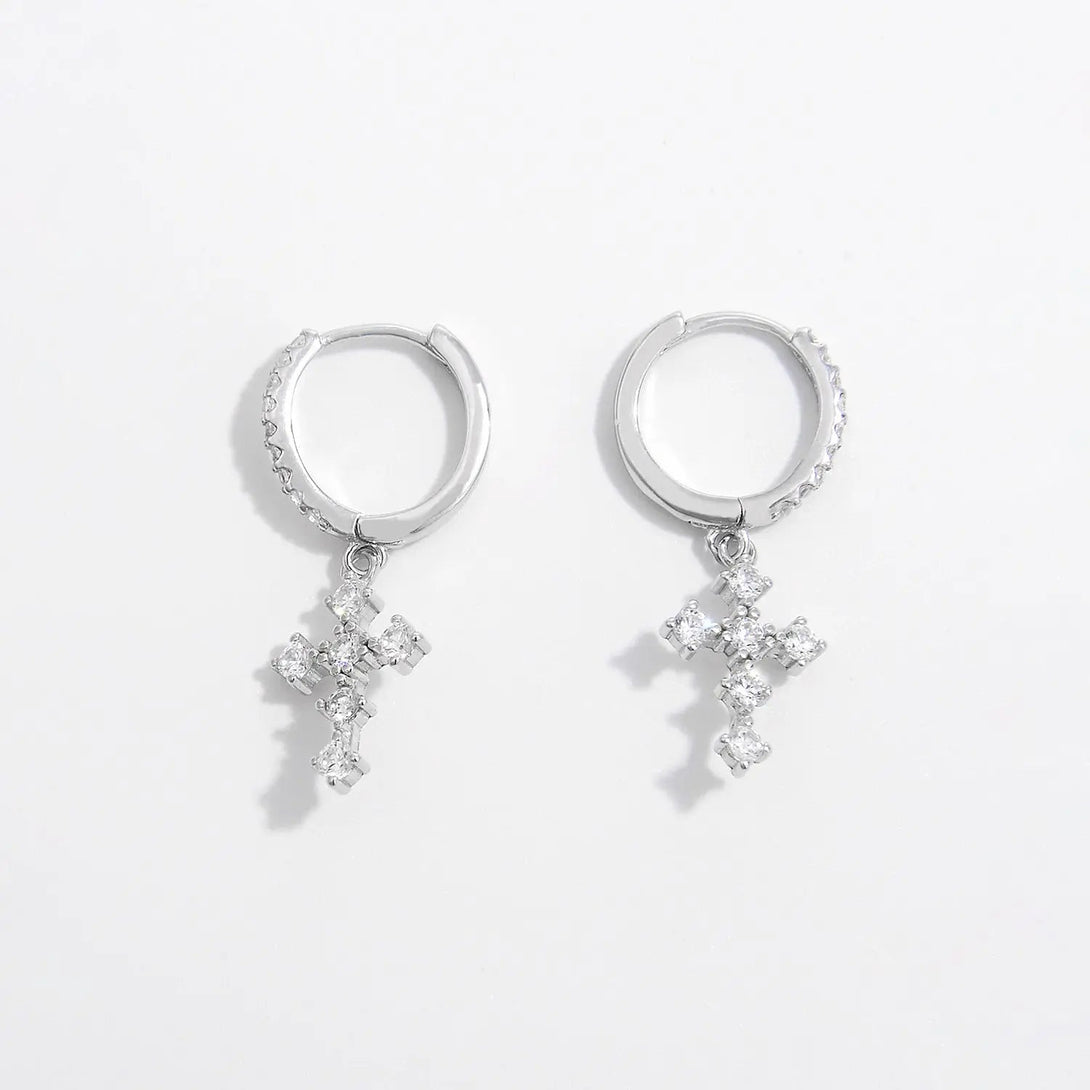 Lovcia 925 Sterling Silver Inlaid Zircon Cross Dangle Earrings-Earrings-Silver-One Size-Silver
