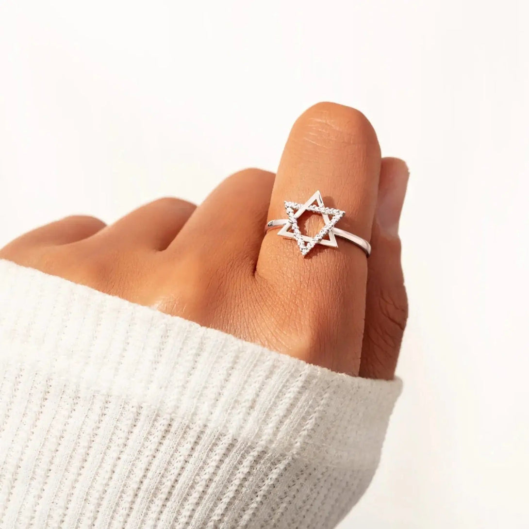 Lovcia 925 Sterling Silver Inlaid Zircon Hexagram Ring-Rings-White-5-White