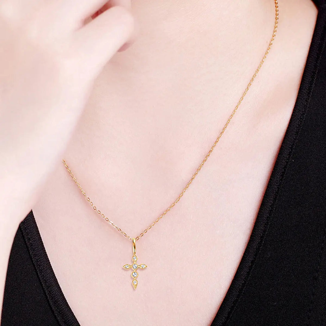 Lovcia 925 Sterling Silver Moissanite Cross Pendant Necklace-Necklaces-Gold-One Size-Gold
