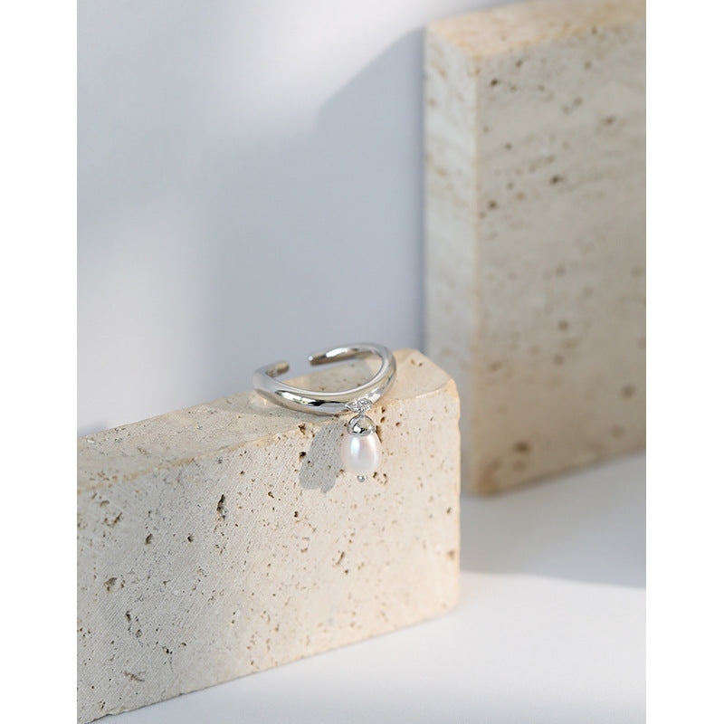 Lovcia 925 Sterling Silver Natural Pearl Ring Adjustable-Rings-Rhodium-Rhodium