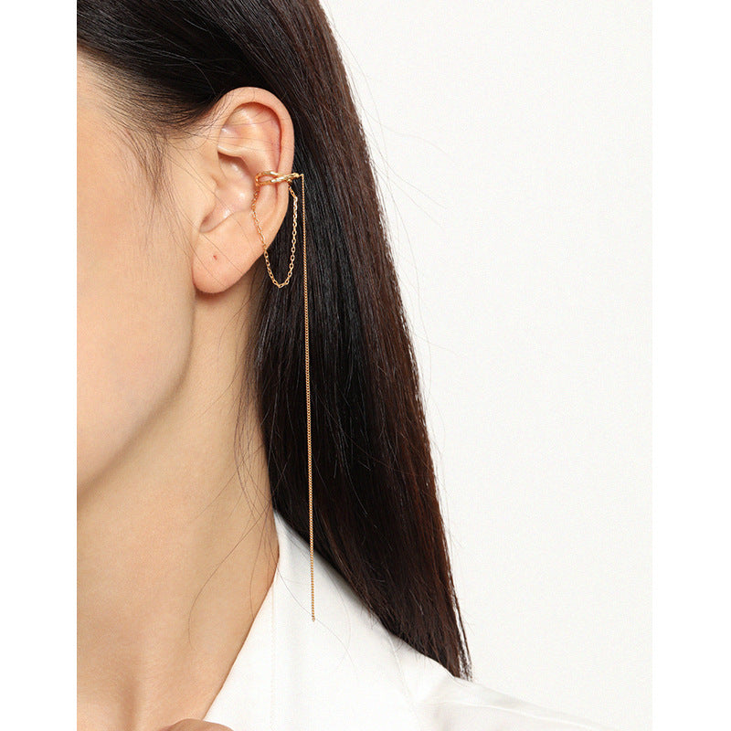Lovcia 925 Sterling Silver Non Pierced Chain Tassel Earring-Earrings-Yellow Gold (Single)-