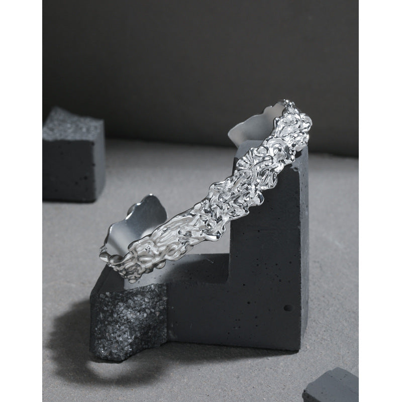 Lovcia 925 Sterling Silver Open 60mm Bangle Irregular Lava-Bracelets-Rhodium-Rhodium
