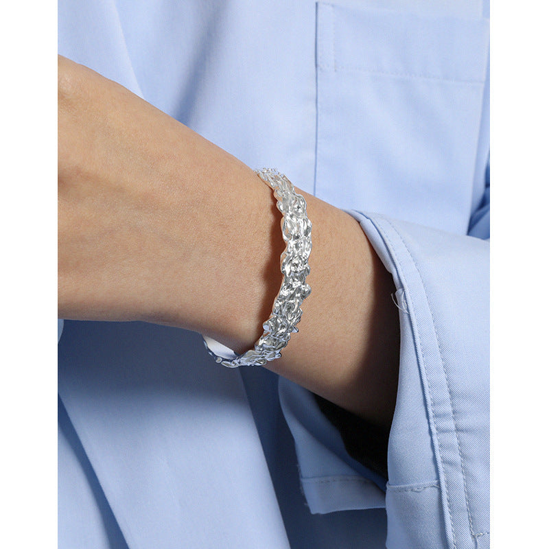 Lovcia 925 Sterling Silver Open 60mm Bangle Irregular Lava-Bracelets-Rhodium-Rhodium