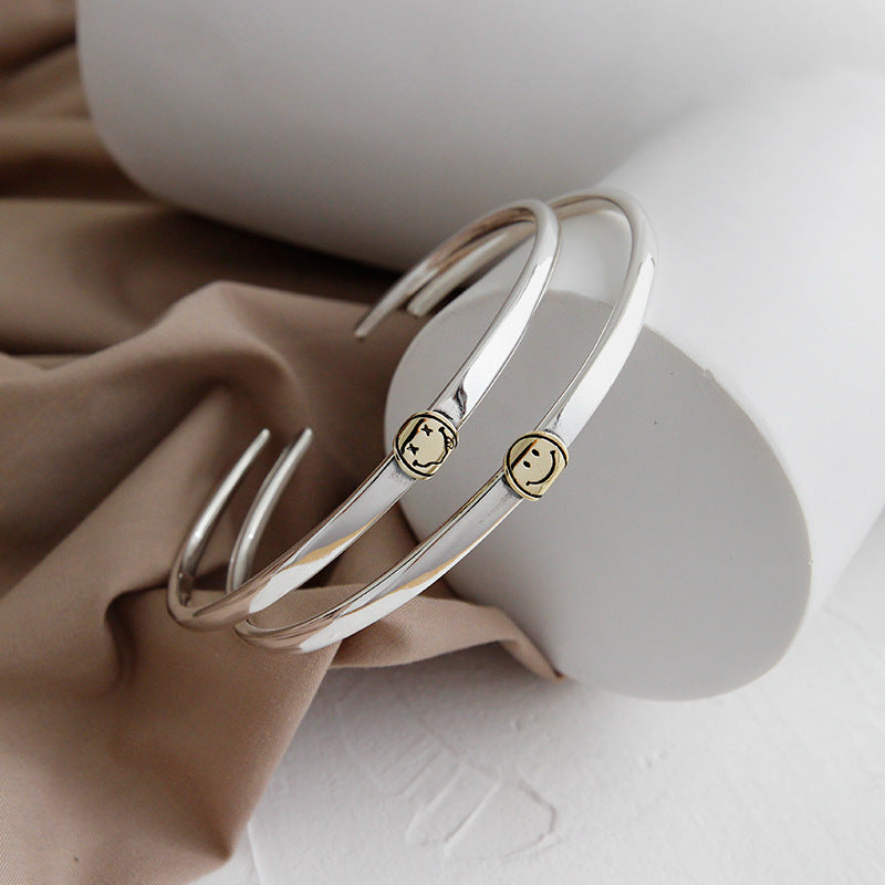 Lovcia 925 Sterling Silver Open Promise Bangle Smile Face-Bracelets-B - Tongue Sticking Out Bangle-B - Tongue Sticking Out Bangle