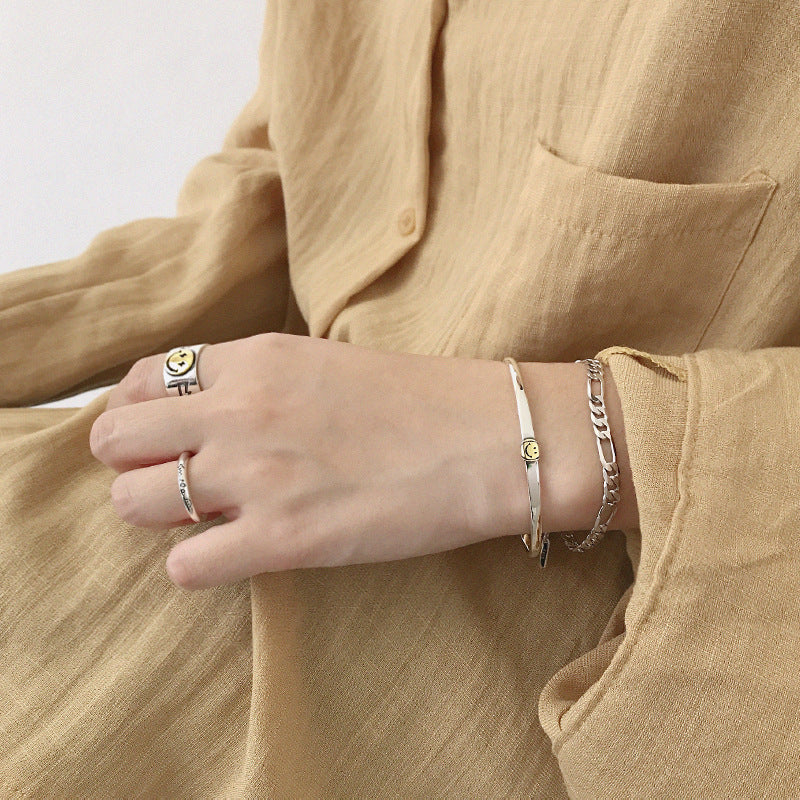 Lovcia 925 Sterling Silver Open Promise Bangle Smile Face-Bracelets-B - Tongue Sticking Out Bangle-B - Tongue Sticking Out Bangle