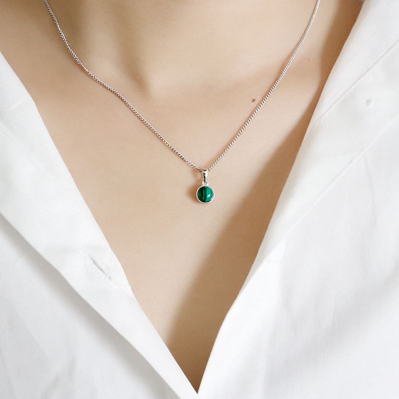 Lovcia 925 Sterling Silver Round Agate Malachite Pendant 7x14mm-Charms & Pendants-Red Crystal-