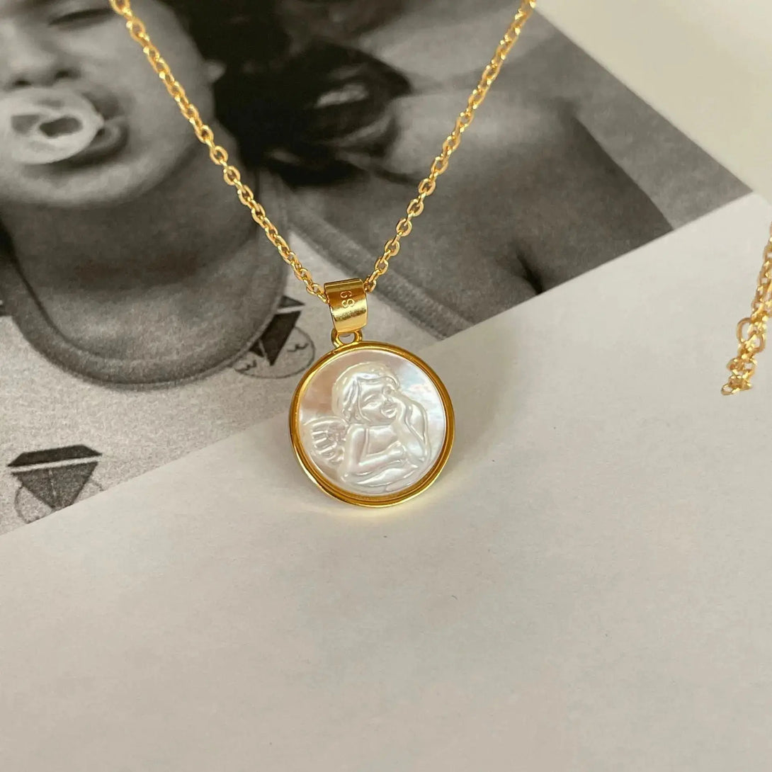 Lovcia 925 Sterling Silver Round Shell Angel Baby Necklace-Necklaces-No Plating-No Plating