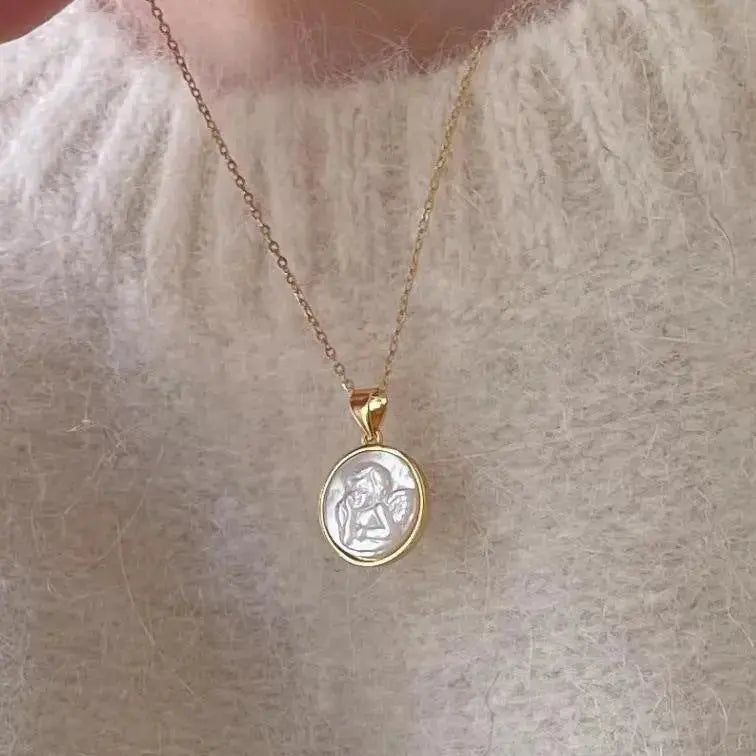 Lovcia 925 Sterling Silver Round Shell Angel Baby Necklace-Necklaces-No Plating-No Plating