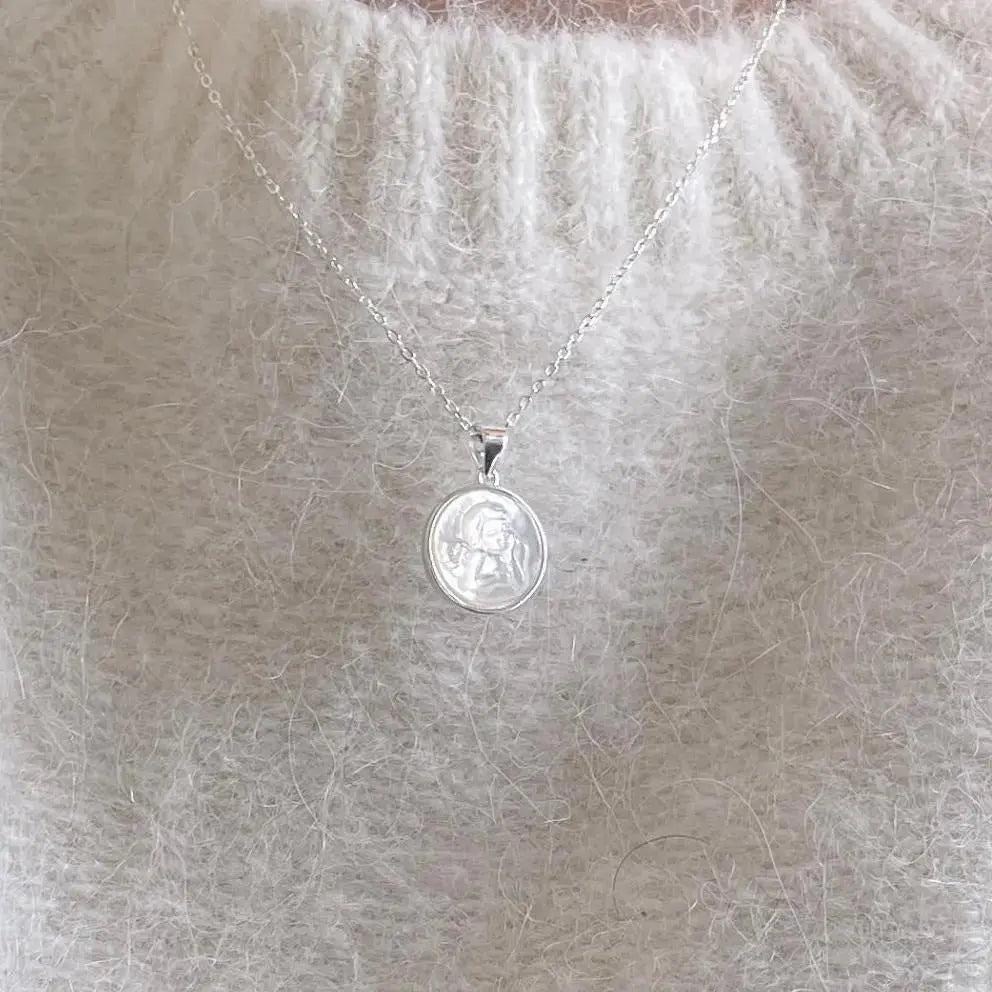 Lovcia 925 Sterling Silver Round Shell Angel Baby Necklace-Necklaces-No Plating-No Plating