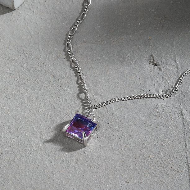 Lovcia 925 Sterling Silver Square CZ Pendant Necklace 9.5mm-Necklaces-Purple-Blue Cz-Purple-Blue Cz