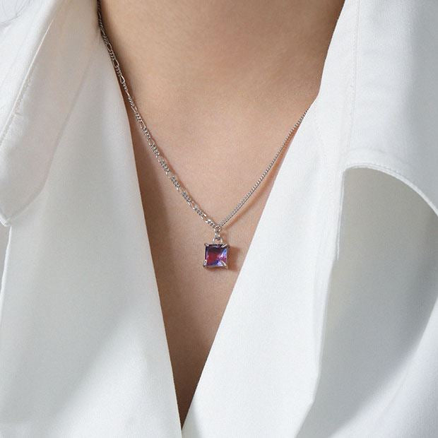 Lovcia 925 Sterling Silver Square CZ Pendant Necklace 9.5mm-Necklaces-Purple-Blue Cz-Purple-Blue Cz