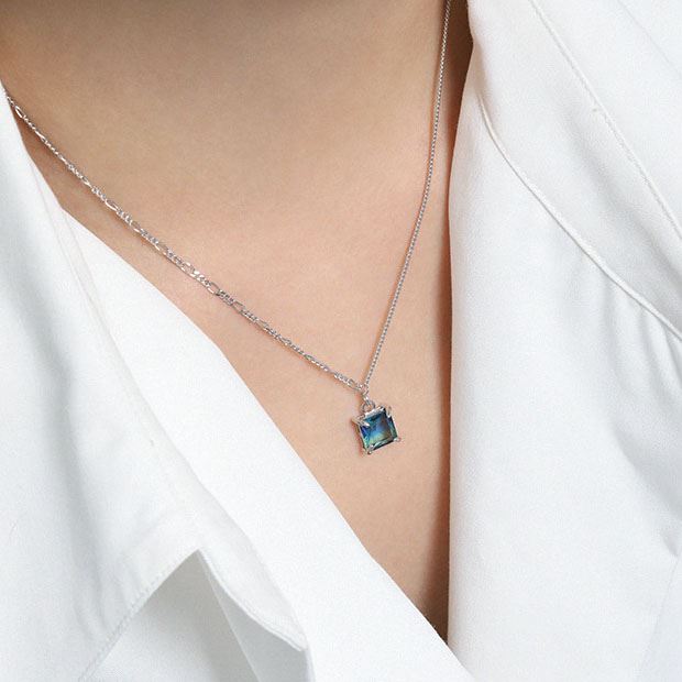 Lovcia 925 Sterling Silver Square CZ Pendant Necklace 9.5mm-Necklaces-Purple-Blue Cz-Purple-Blue Cz