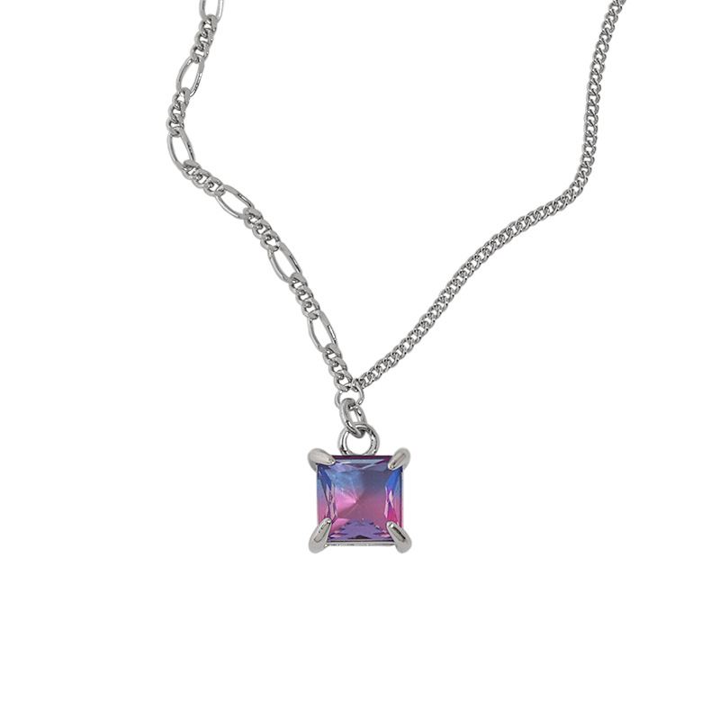 Lovcia 925 Sterling Silver Square CZ Pendant Necklace 9.5mm-Necklaces-Purple-Blue Cz-Purple-Blue Cz