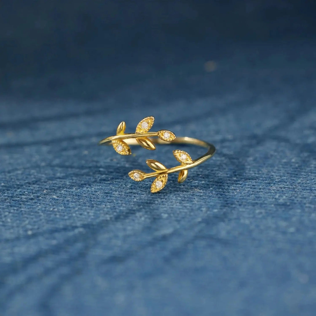 Lovcia 925 Sterling Silver Zircon Leaf Shape Ring-Rings-Gold-One Size-Gold