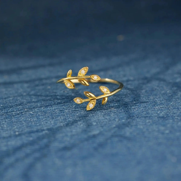 Lovcia 925 Sterling Silver Zircon Leaf Shape Ring-Rings-Gold-One Size-Gold