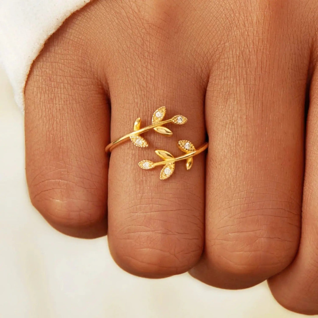 Lovcia 925 Sterling Silver Zircon Leaf Shape Ring-Rings-Gold-One Size-Gold