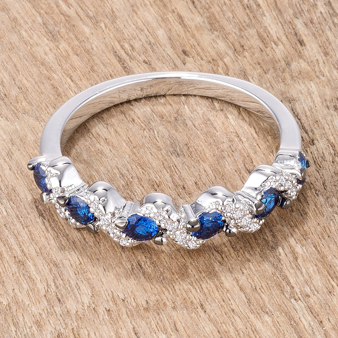 Lovcia .18Ct Rhodium & Hematite-Plated S-Shaped Sapphire & Clear CZ Half Eternity Ring-Rings-5-5