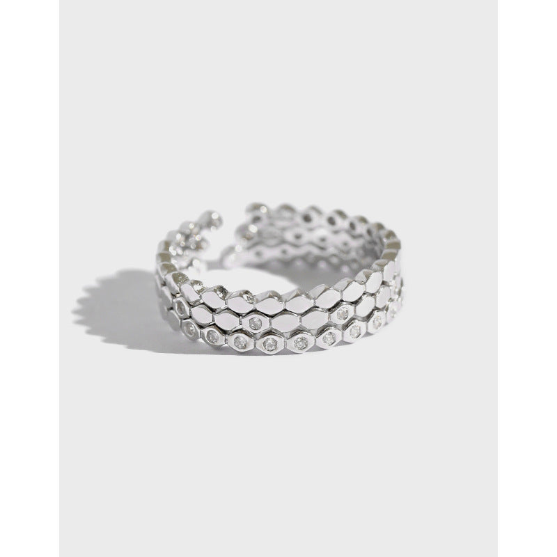 Lovcia Adjustable 3 CZ Hive Ring 925 Sterling Silver-Rings-Rhodium-Rhodium