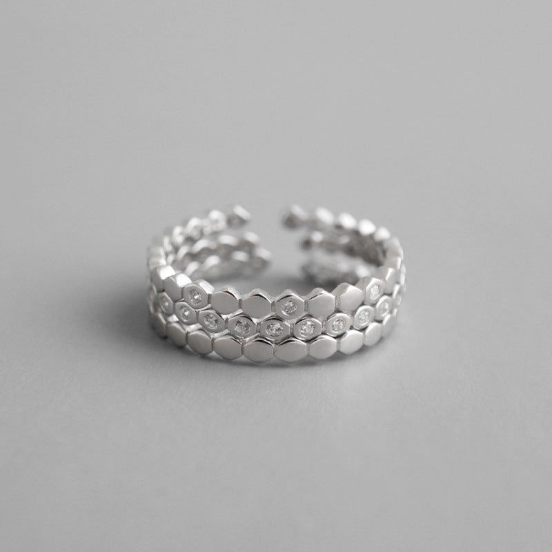 Lovcia Adjustable 3 CZ Hive Ring 925 Sterling Silver-Rings-Rhodium-Rhodium