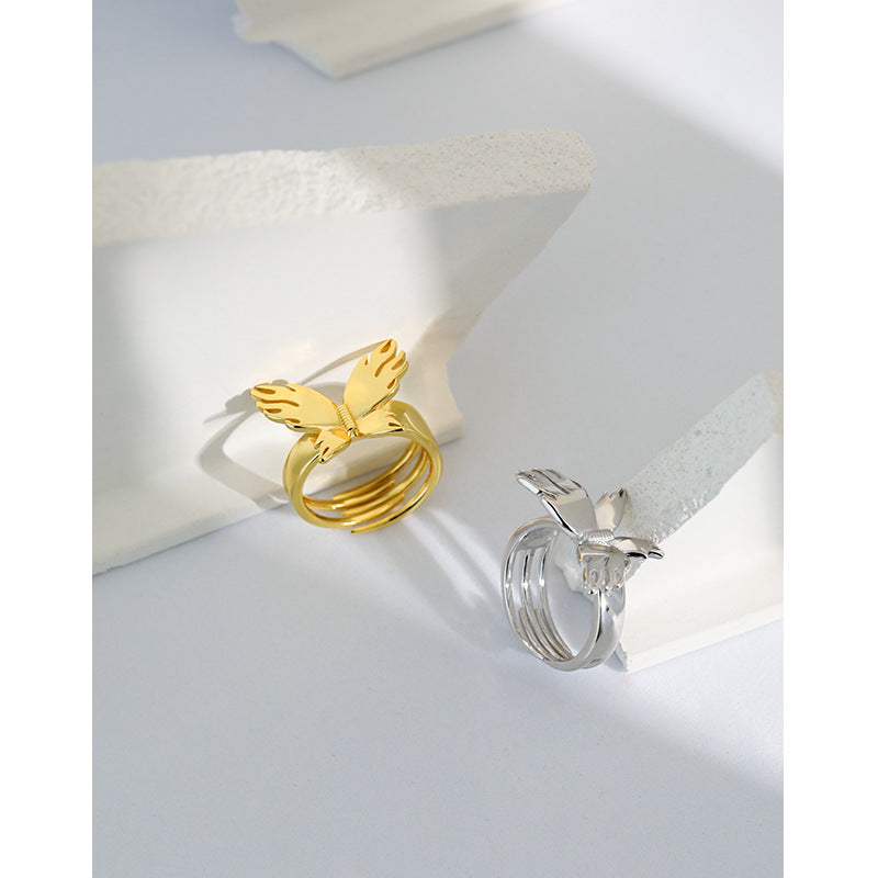 Lovcia Adjustable 925 Silver Flying Butterfly Ring Gold-Rings-Yellow Gold-Yellow Gold