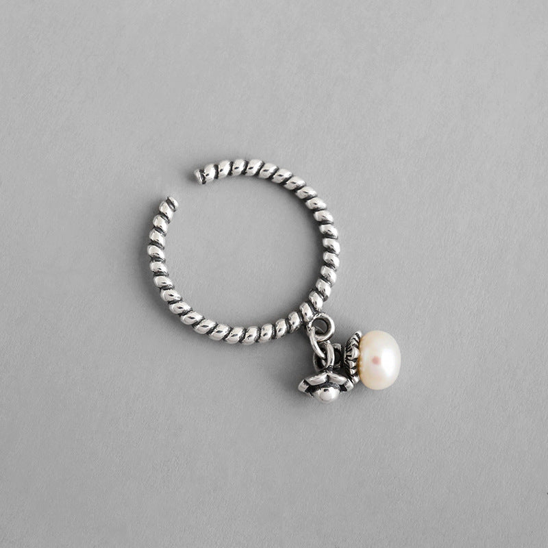 Lovcia Adjustable 925 Silver Natural Pearl Flower Twist Ring-Rings-Vintage-Vintage