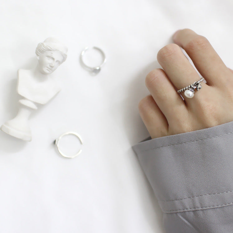 Lovcia Adjustable 925 Silver Natural Pearl Flower Twist Ring-Rings-Vintage-Vintage