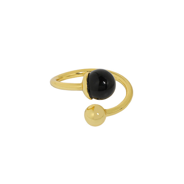 Lovcia Adjustable 925 Silver Ring Black Agate Ball Two Ball-Rings-Yellow Gold-Yellow Gold
