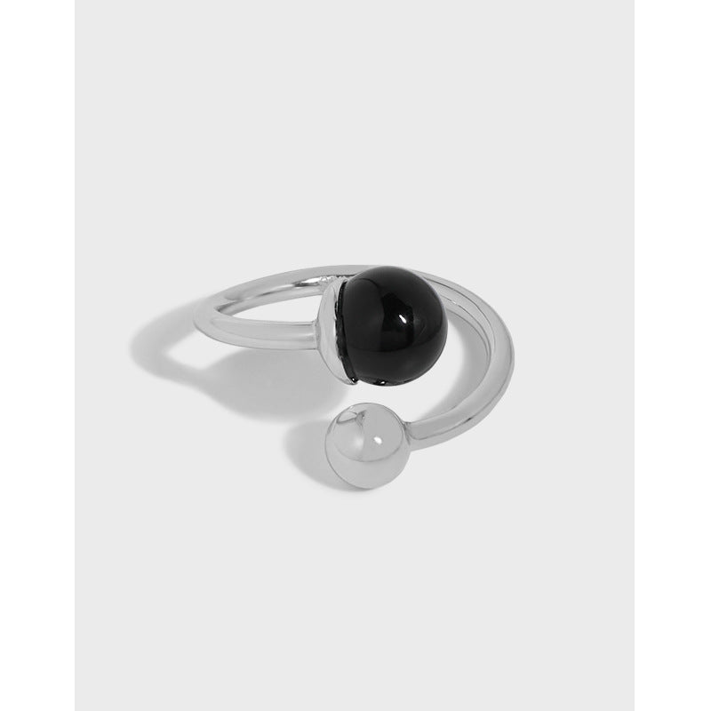 Lovcia Adjustable 925 Silver Ring Black Agate Ball Two Ball-Rings-Yellow Gold-Yellow Gold