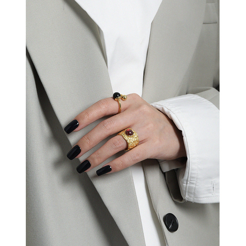 Lovcia Adjustable 925 Silver Ring Black Agate Ball Two Ball-Rings-Yellow Gold-Yellow Gold
