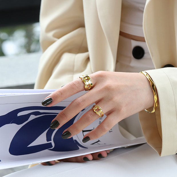 Lovcia Adjustable 925 Sterling Gold Tone Hollow Chain Ring-Rings-Yellow Gold-Yellow Gold