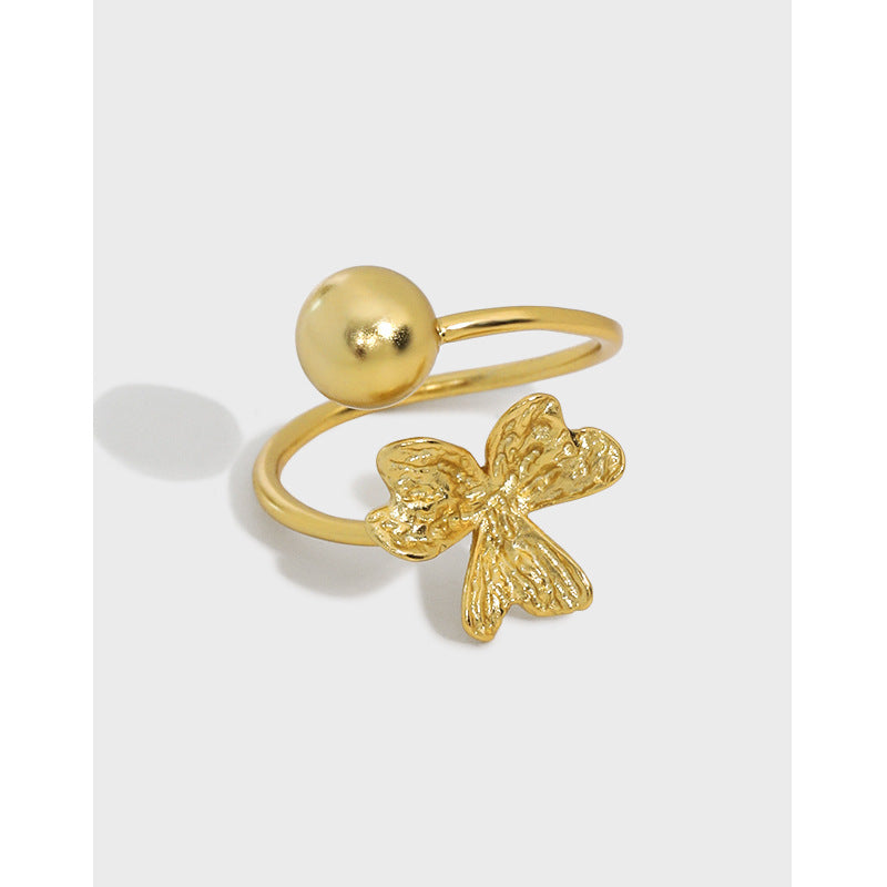 Lovcia Adjustable 925 Sterling Silver Ball Clover Ring Gold-Rings-Yellow Gold-Yellow Gold