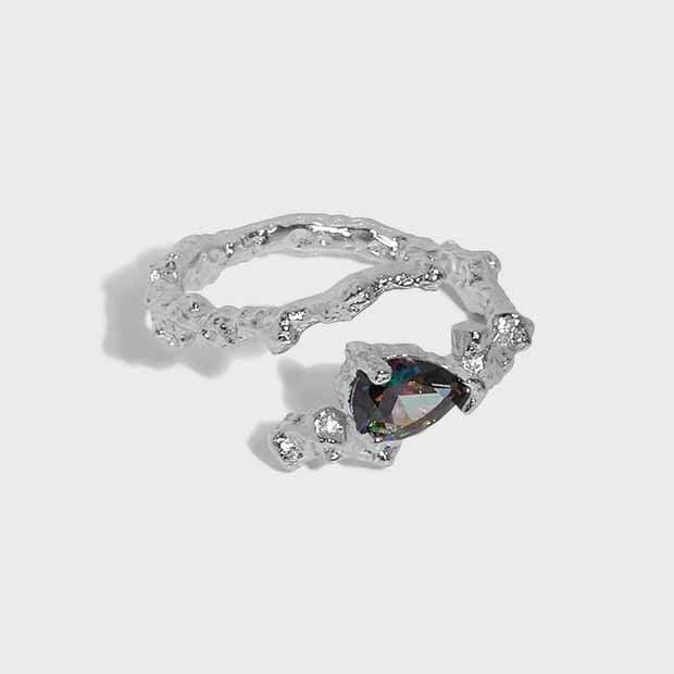 Lovcia Adjustable Black Waterdrop CZ Ring Sterling Silver-Rings-Yellow Gold-Yellow Gold