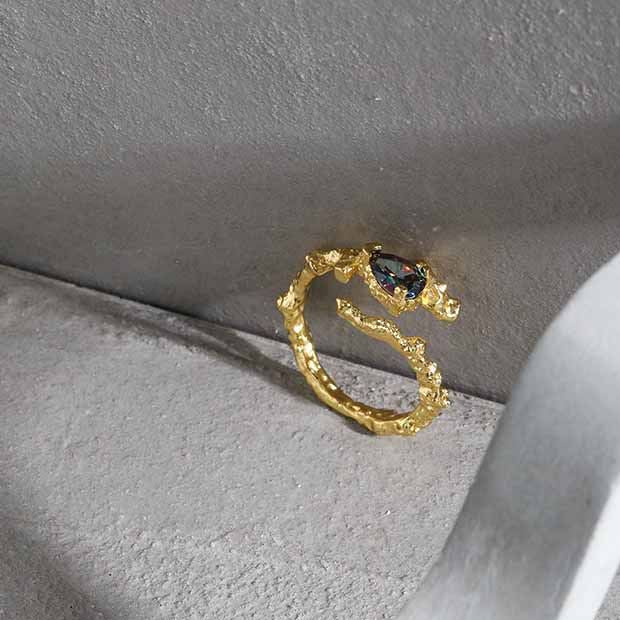 Lovcia Adjustable Black Waterdrop CZ Ring Sterling Silver-Rings-Yellow Gold-Yellow Gold