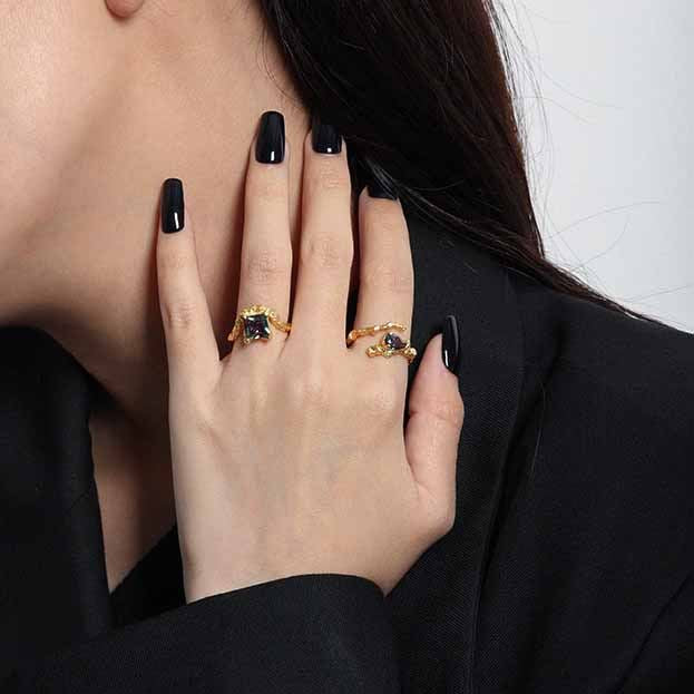 Lovcia Adjustable Black Waterdrop CZ Ring Sterling Silver-Rings-Yellow Gold-Yellow Gold