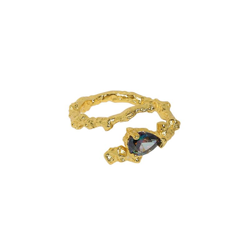 Lovcia Adjustable Black Waterdrop CZ Ring Sterling Silver-Rings-Yellow Gold-Yellow Gold