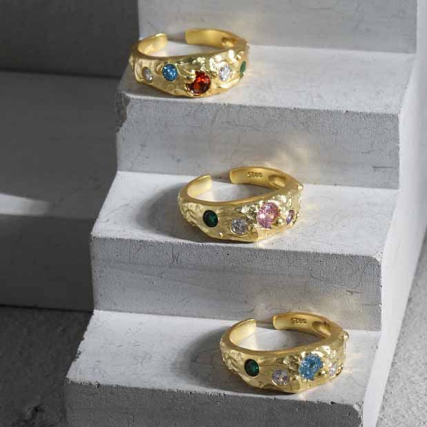 Lovcia Adjustable Colorful CZ Ring 925 Sterling Silver-Rings-Yellow Gold & Red Cz-Yellow Gold & Red Cz
