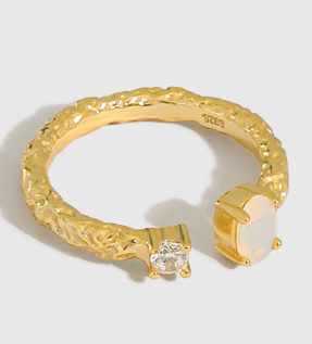Lovcia Adjustable Created Opal CZ Ring 925 Silver Gold Tone-Rings-Yellow Gold-Yellow Gold