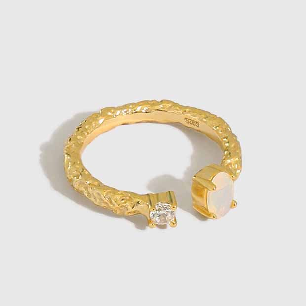 Lovcia Adjustable Created Opal CZ Ring 925 Silver Gold Tone-Rings-Yellow Gold-Yellow Gold