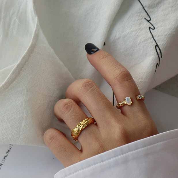 Lovcia Adjustable Created Opal CZ Ring 925 Silver Gold Tone-Rings-Yellow Gold-Yellow Gold