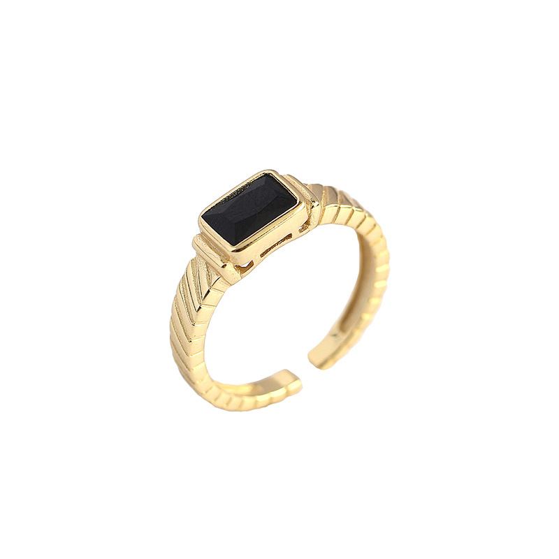 Lovcia Adjustable Gold Tone Black Stone Ring 925 Silver-Rings-Yellow Gold-Yellow Gold