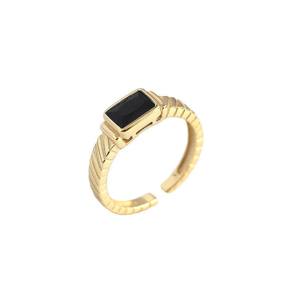 Lovcia Adjustable Gold Tone Black Stone Ring 925 Silver-Rings-Yellow Gold-Yellow Gold